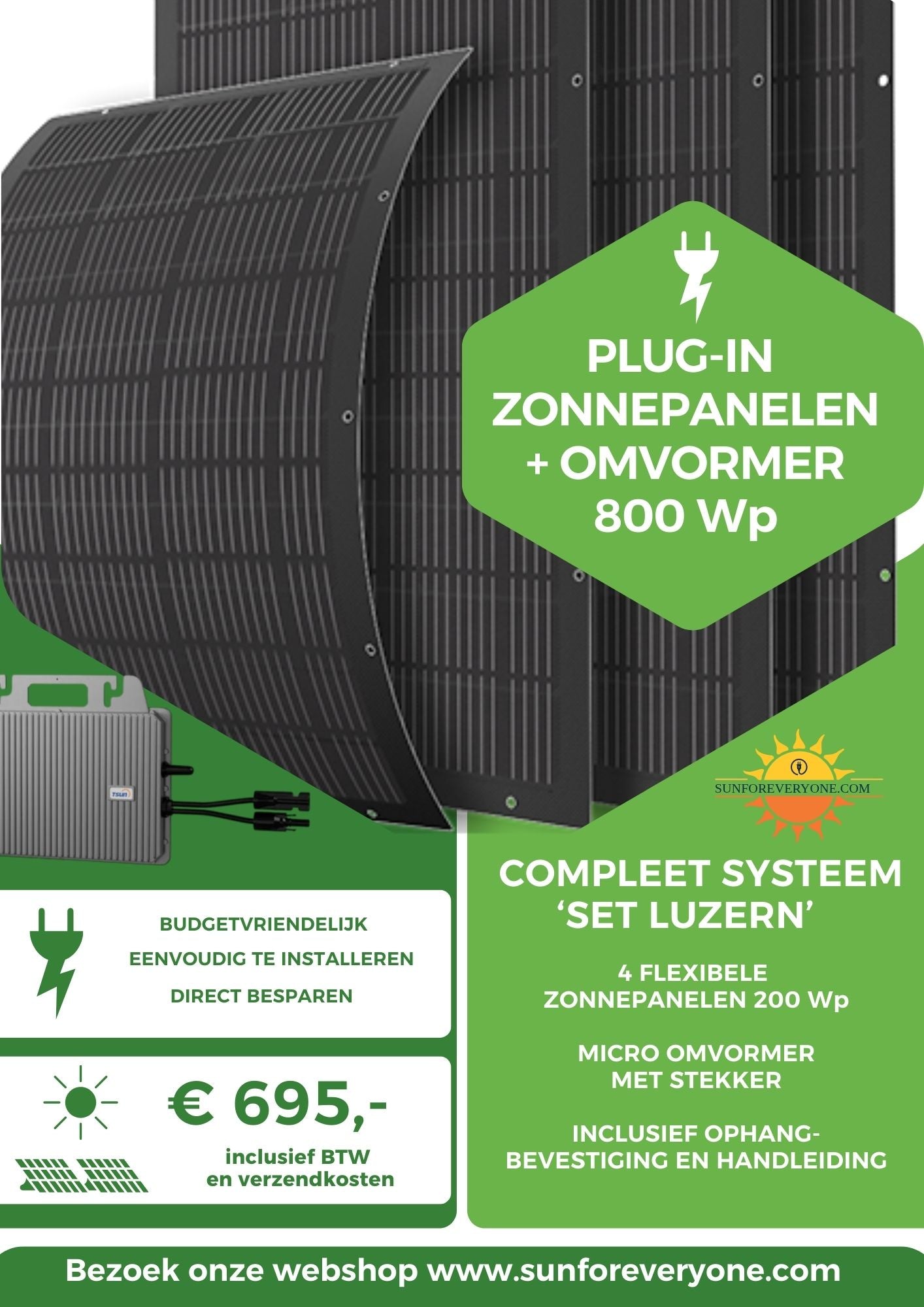 LUZERN - Plug-In set van 4 flexibele zonnepanelen 200Wp (800Wp) + omvormer met stekker (kopie)
